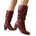 thumbnail image 1 of Slouchy Boots for Women Western Retro Drawstring Soft Leather Pointed Toe Chunky Heel Zipper Mid Calf Booties Winter Knee High Riding Boots Red Size 8, 1 of 7