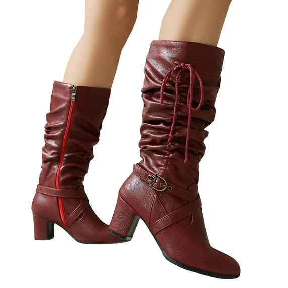 Slouchy Boots for Women Western Retro Drawstring Soft Leather Pointed Toe Chunky Heel Zipper Mid Calf Booties Winter Knee High Riding Boots Red Size 8