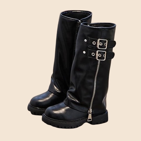 Slouchy Boots for Girls' Tall Riding Boots Fashion Cute Toddler/Infant Fold Over Boots Round Toe Pull On Leather Boot Mid Calf Chunky Boots