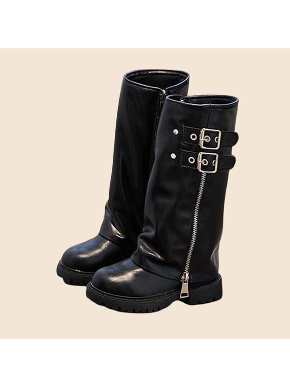 Slouchy Boots for Girls' Tall Riding Boots Fashion Cute Toddler/Infant Fold Over Boots Round Toe Pull On Leather Boot Mid Calf Chunky Boots