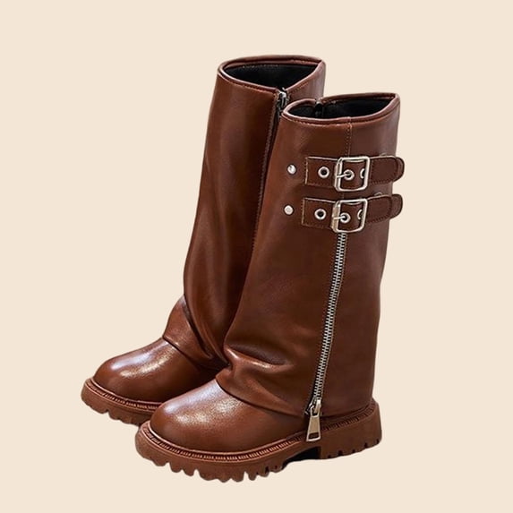 Slouchy Boots for Girls' Tall Riding Boots Fashion Cute Toddler/Infant Fold Over Boots Round Toe Pull On Leather Boot Mid Calf Chunky Boots
