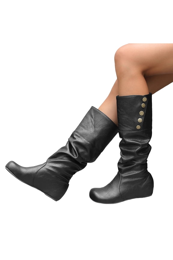 Slouchy Boots for Women Hidden Wedge Low Heel Retro Leather Round Toe Adjustable Button Fold Over Mid Calf Booties