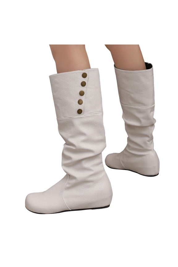 Slouchy Boots for Women Hidden Wedge Low Heel Retro Leather Round Toe Adjustable Button Fold Over Mid Calf Booties