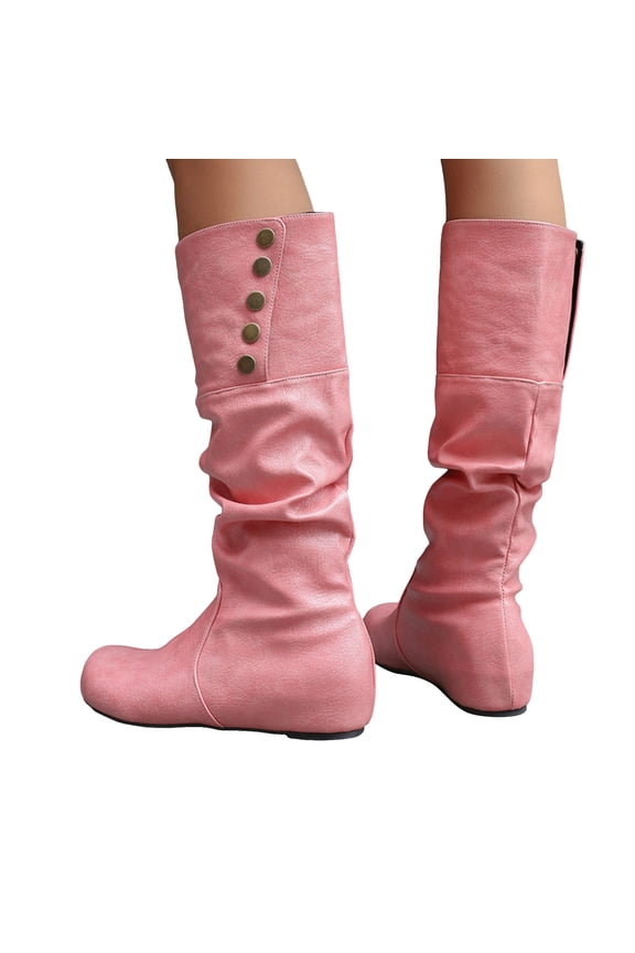 Slouchy Boots for Women Hidden Wedge Low Heel Retro Leather Round Toe Adjustable Button Fold Over Mid Calf Booties