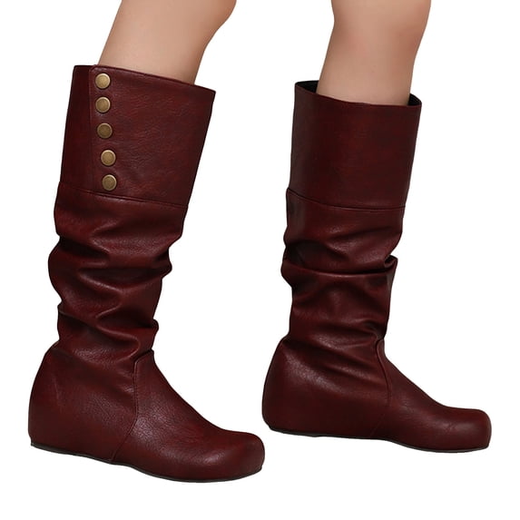 Slouchy Boots for Women Hidden Wedge Low Heel Retro Leather Round Toe Adjustable Button Fold Over Mid Calf Booties