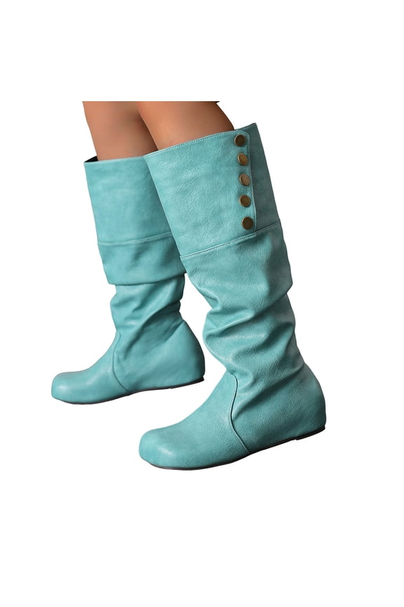 Slouchy Boots for Women Hidden Wedge Low Heel Retro Leather Round Toe Adjustable Button Fold Over Mid Calf Booties