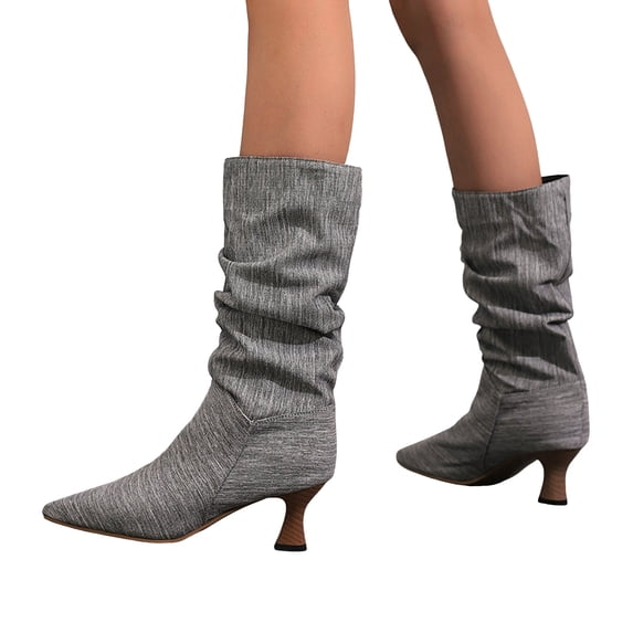 Slouchy Boots for Women Pointed Toe Kitten Heels Wide Calf Pull on Fashion Fall Winter Dress Mid Calf Booties