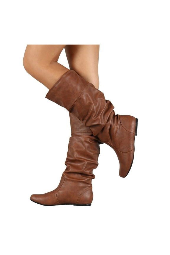 Slouchy Boots for Women Pull on Hidden Height Increase Wedge Trendy Mid Calf Boots Retro Flat Booties
