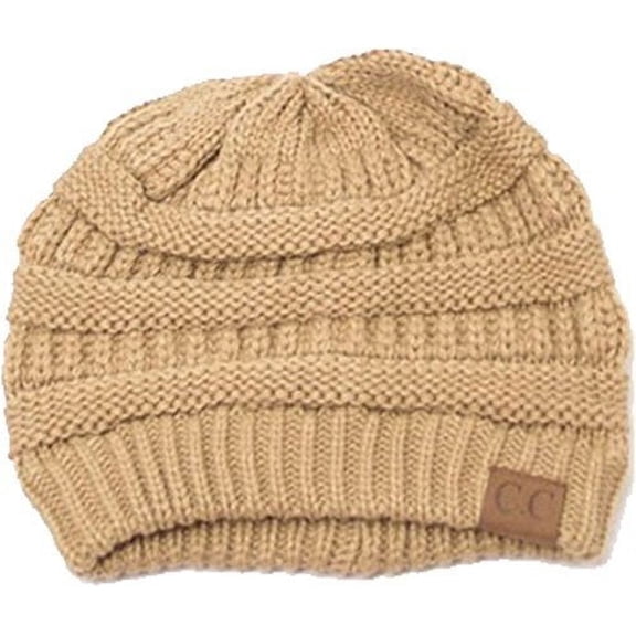 Slouchy Cable Knit Beanie Skully Hat, One-Size, Camel
