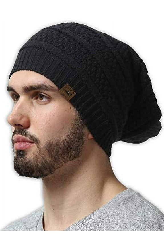 Slouchy Cable Knit Beanie by Tough Headwear - Chunky, Oversized Slouch Beanie Hats for Men & Women - Stay Warm & Stylish - Serious Beanies for Serious Style Black OSFA