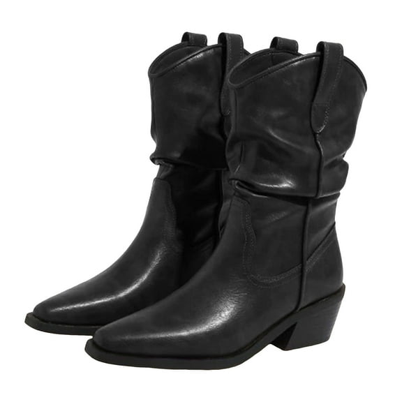 Slouchy Cowboy Boots for Women Pointed Toe Stacked Heel Winter Fall Wide Mid Calf Booties Western Cowgirl Boots