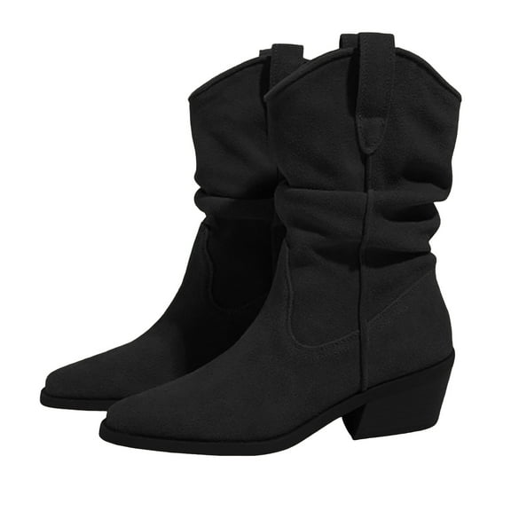 Slouchy Cowboy Boots for Women Pointed Toe Stacked Heel Winter Fall Wide Mid Calf Booties Western Cowgirl Boots