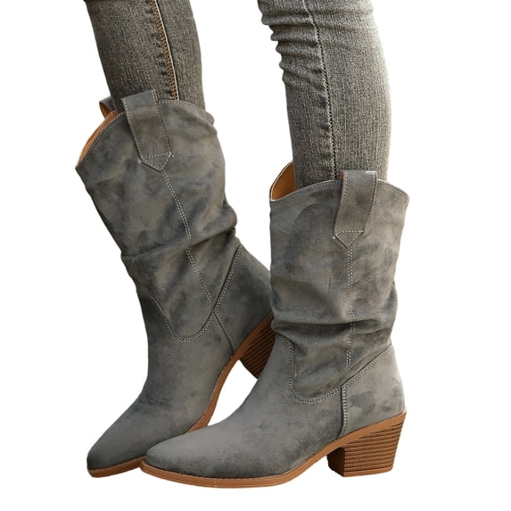 Slouchy Cowboy Boots for Women Retro Pointed Toe Block Heel Lightweight Pull on Mid Calf Cowgirl Booties
