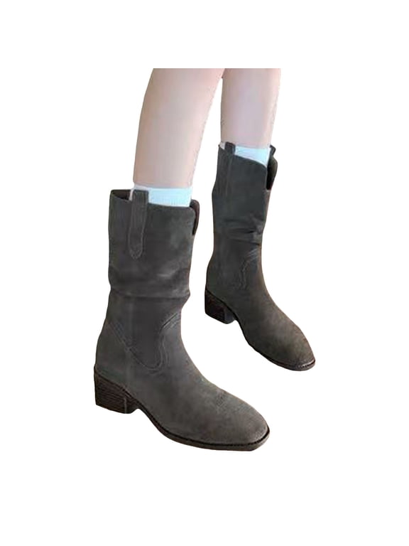 Slouchy Cowboy Boots for Women Suede Stacked Heel Split Toe Pull on Mid Calf Booties Casual Western Cowgirl Fall Boots