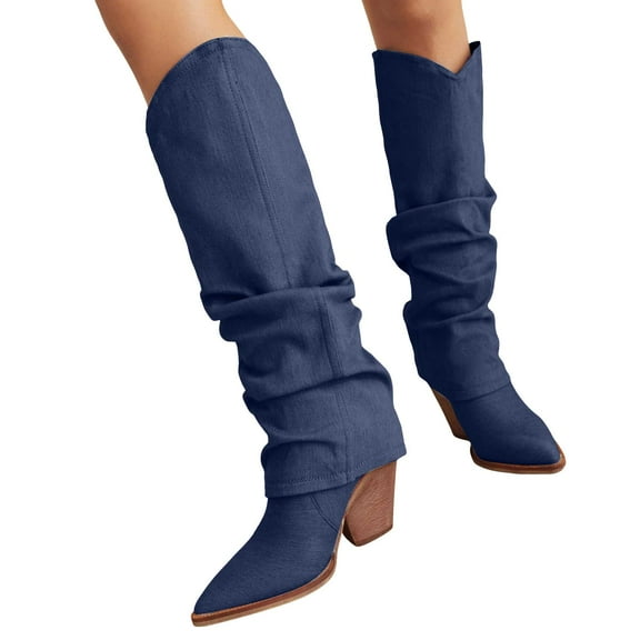 Slouchy Denim Knee High Cowboy Boots for Women 2025 Winter Fall Casual Chunky Heel Wide Calf Fold over Cowgirl Boots Slouch Long Tall Foldover Boots
