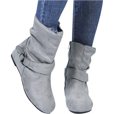 Women's Slouchy Leather Ankle Boots,Fashion Slouchy Ruched Round Toe Slip On Flats Ankle Booties Low Heel Casual Comfortable Winter Fall Mid Calf Dress Short Boots With Side Zipper - Product Details