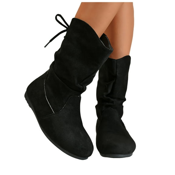 Slouchy Flat Fall Boots for Women Suede Round Toe Low Wedge Lace up Pull on Winter Mid Calf Booties