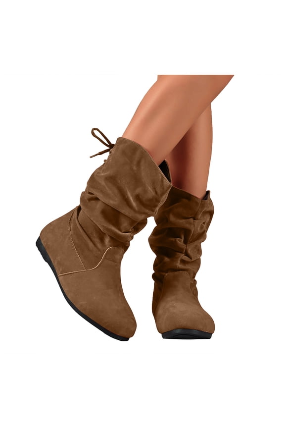 Slouchy Flat Fall Boots for Women Suede Round Toe Low Wedge Lace up Pull on Winter Mid Calf Booties