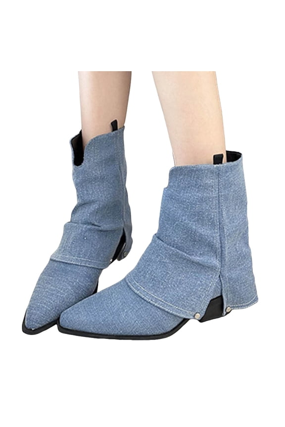 Slouchy Fold Over Denim Fall Boots for Women Wide Calf Chunky Heel Pointed Toe Pull on Ankle Booties