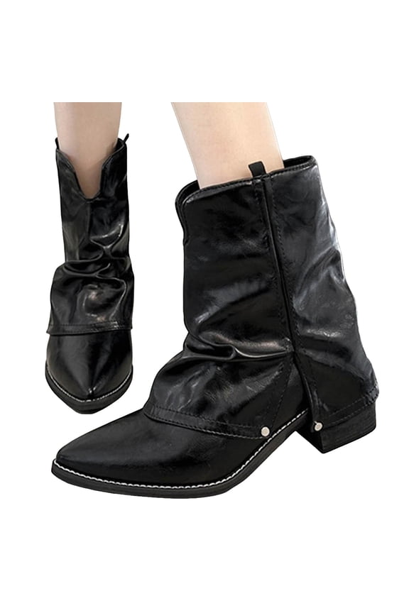 Slouchy Fold Over Leather Fall Boots for Women Wide Calf Chunky Heel Pointed Toe Pull on Ankle Booties