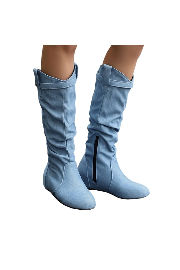 Slouchy Knee High Boots Women Hidden Wedge Low Heel Flat Booties Soft Leather Buckle Strap Pull on Zipper Round Toe Riding Boots