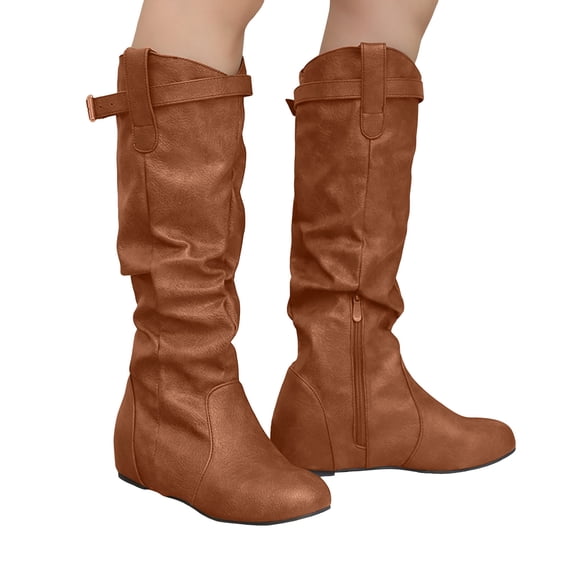Slouchy Knee High Boots Women Hidden Wedge Low Heel Flat Booties Soft Leather Buckle Strap Pull on Zipper Round Toe Riding Boots