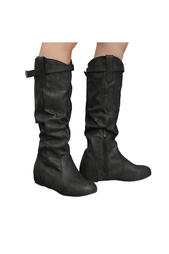 Slouchy Knee High Boots Women Hidden Wedge Low Heel Flat Booties Soft Leather Buckle Strap Pull on Zipper Round Toe Riding Boots