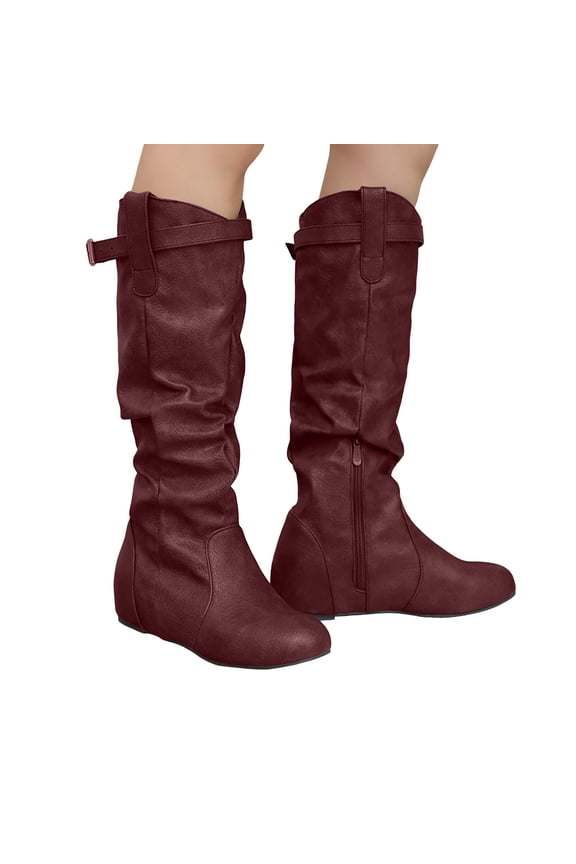 Slouchy Knee High Boots Women Hidden Wedge Low Heel Flat Booties Soft Leather Buckle Strap Pull on Zipper Round Toe Riding Boots
