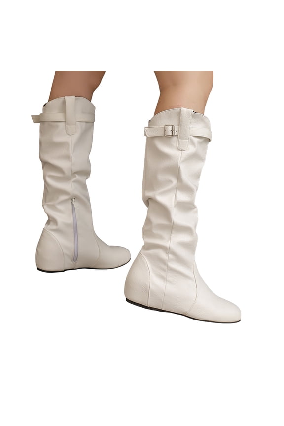Slouchy Knee High Boots Women Hidden Wedge Low Heel Flat Booties Soft Leather Buckle Strap Pull on Zipper Round Toe Riding Boots