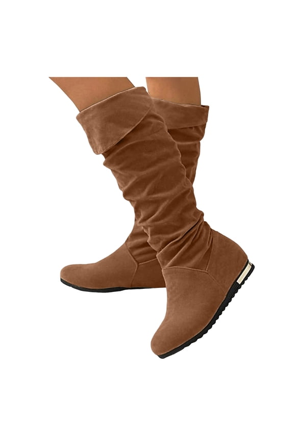 Slouchy Knee High Fall Boots for Women Suede Hidden Wedge Round Toe Knee High Flat Booties Fold Over Pull on Tall Booties
