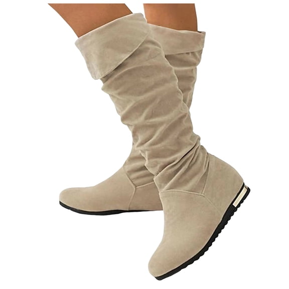Slouchy Knee High Fall Boots for Women Suede Hidden Wedge Round Toe Knee High Flat Booties Fold Over Pull on Tall Booties