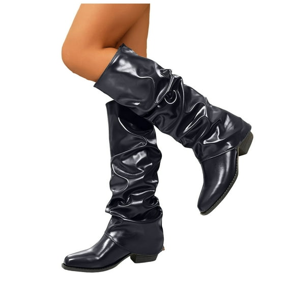 Slouchy Knee High Fold Over Boots for Women Fashion Casual Leather Pointed Toe Stacked Wide Calf Mid Heel Tall Boots