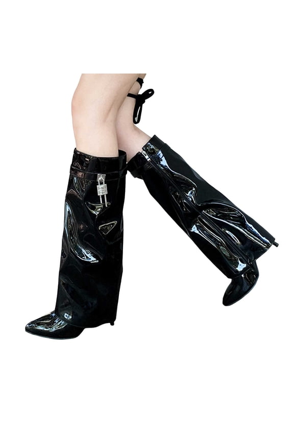 Slouchy Knee High Fold over Boots for Women 2025 Lock Leather Pointed Toe Stiletto Wide Calf Tall Boots