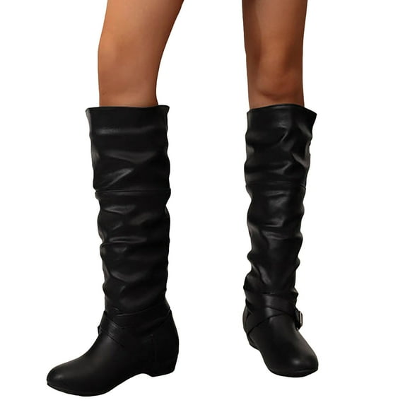 Slouchy Knee High boots Women Buckle Strap Low Heel Riding Booties Vintage Leather Pull on Wide Mid Calf Fall Winter Long Boots Black Size 8