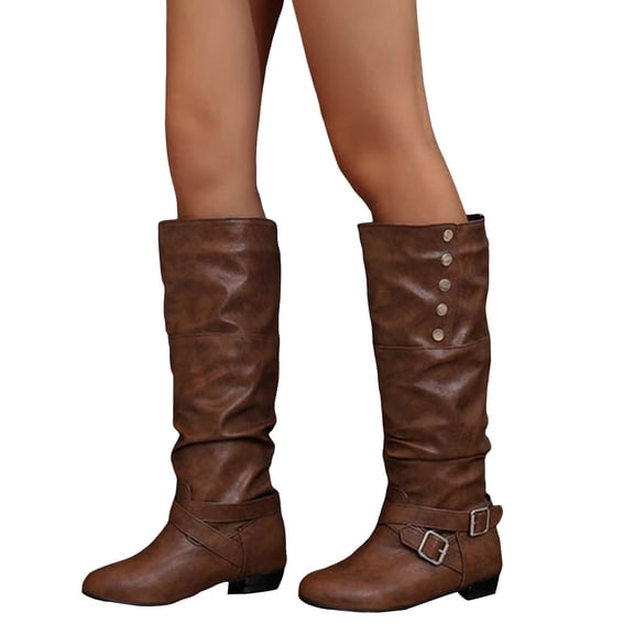 Slouchy Knee High boots Women Buckle Strap Low Heel Riding Booties Vintage Leather Pull on Wide Mid Calf Fall Winter Long Boots Brown Size 8.5