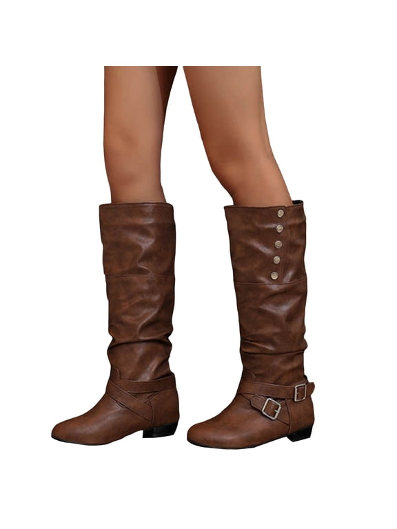 Slouchy Knee High boots Women Buckle Strap Low Heel Riding Booties Vintage Leather Pull on Wide Mid Calf Fall Winter Long Boots Brown Size 8.5