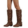 thumbnail image 1 of Slouchy Knee High boots Women Buckle Strap Low Heel Riding Booties Vintage Leather Pull on Wide Mid Calf Fall Winter Long Boots Brown Size 9.5, 1 of 6