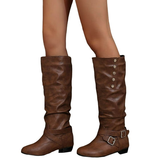 Slouchy Knee High boots Women Buckle Strap Low Heel Riding Booties Vintage Leather Pull on Wide Mid Calf Fall Winter Long Boots Brown Size 9.5