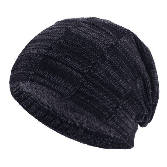 Slouchy Knit Beanie, Double Layer, Fleece Lined, Black