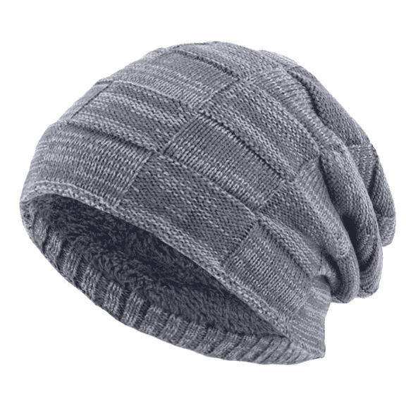 Slouchy Knit Beanie, Double Layer, Fleece Lined, Gray