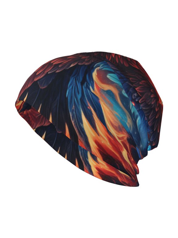 Slouchy Knit Beanie Hat, Warm Unisex Winter Cap for Men and Women , Flaming Eagle Fire Art