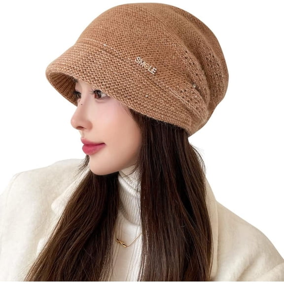 Slouchy Knit Beanie with Brim Visor Bill Fancy Chemo Cap Winter Baggy Hats Women