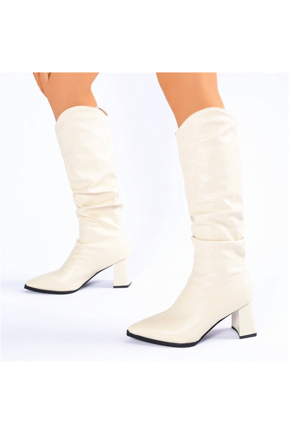 Slouchy Leather Knee High Boots Women High Block Heel Pointed Toe Pull on Fall Winter Mid Calf Booties