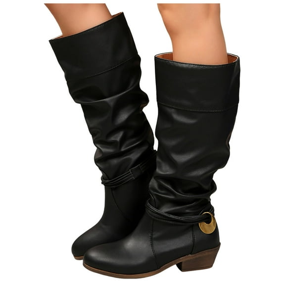 Slouchy Long Fall Boots for Women Retro Leather Chunky Heel Pull on Mid Calf Boots with Strappy Decor