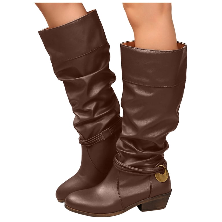 Slouchy Long Fall Boots for Women Retro Leather Chunky Heel  display picture 3