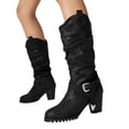 thumbnail image 1 of Slouchy Mid Calf Boots for Women Casual Leather Trendy Buckle Strap Chunky Heel Lug Sole Pull on Western Long Booties Black Size 7, 1 of 7