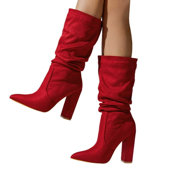 Slouchy Mid Calf Boots for Women Fashion Suede Pointed Toe Chunky High Heeled Dress Boots with Side Zipper