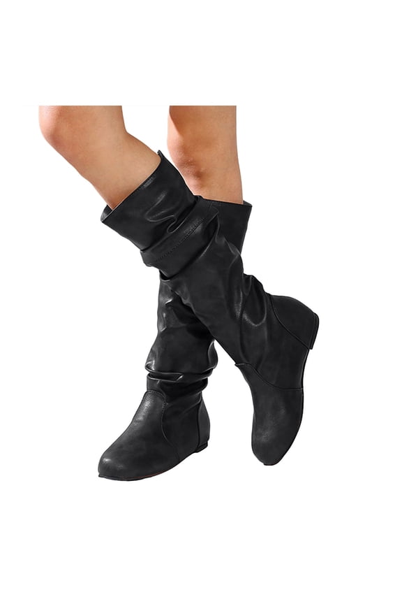 Slouchy Mid Calf Boots for Women Hidden Hight Increasing Wedge Booties Round Toe Flat Tall Boots