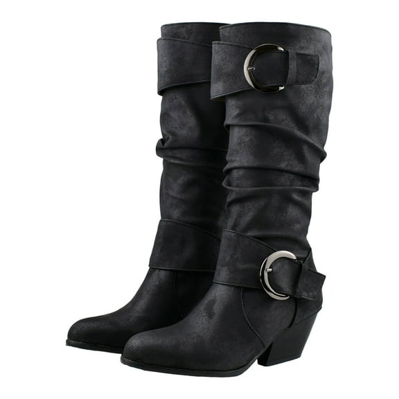 Slouchy Mid Calf Boots for Women Retro Leather Stacked Heel Buckle Straps Pull on Dressy Fall Winter Boots Riding Booties