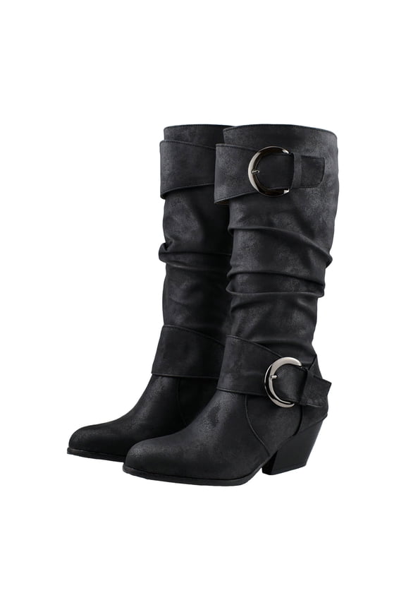 Slouchy Mid Calf Boots for Women Retro Leather Stacked Heel Buckle Straps Pull on Dressy Fall Winter Boots Riding Booties